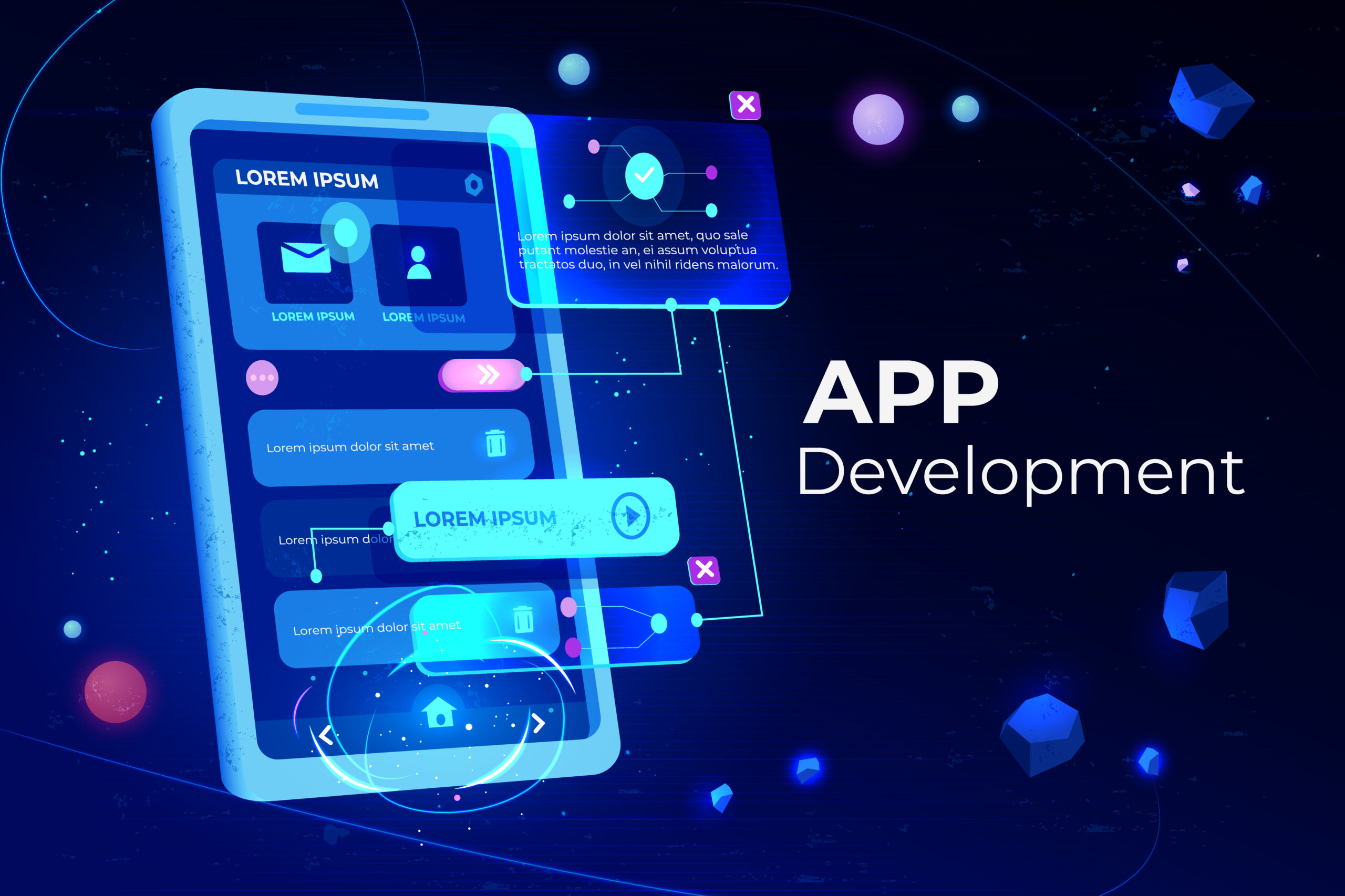 Mobile app development concept showing UI design and app interface elements